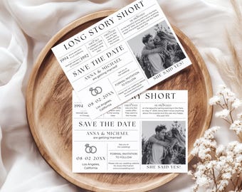 May include: Two black and white wedding announcement cards on a wooden tray. The cards feature text that reads "Long Story Short" and "Save the Date" with the names "Anna & Michael" and a photo of a couple.