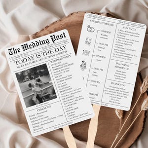 May include: Two wedding-themed cards with text. The left card is a newspaper-style announcement with the headline "TODAY IS THE DAY" and a photo of a couple. The right card lists the wedding timeline and fun facts.