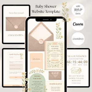 Könnte beinhalten: Digitales Babyparty-Website-Template, angezeigt auf einem Tablet und Telefon. Das Design zeigt eine neutrale Farbpalette mit floralen Akzenten, RSVP-Formularen und einem Countdown-Timer. Der Text enthält "Baby Shower Website Template" und "Our Next Chapter".