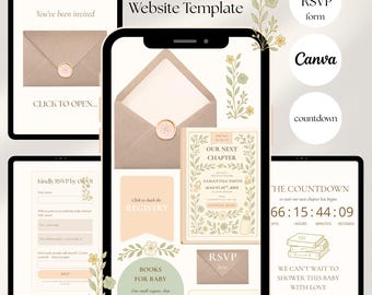Plantilla de sitio web para baby shower "Nuestro Próximo Capítulo" con confirmación de asistencia y cuenta regresiva: invitación animada editable.