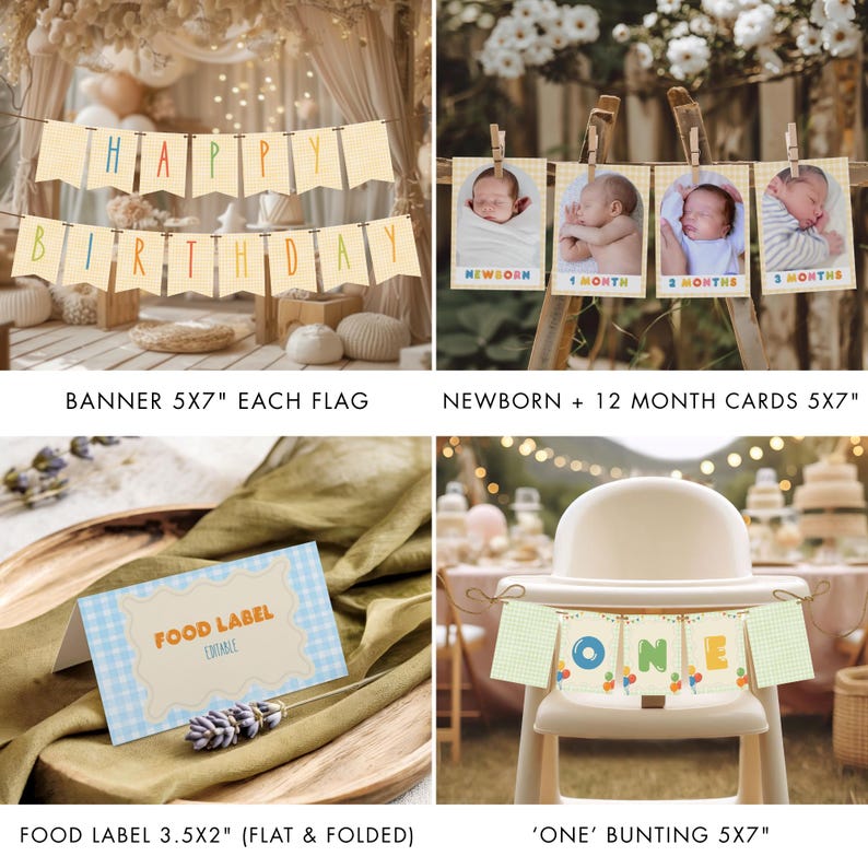 May include: A collection of party decorations, including a banner that reads "HAPPY BIRTHDAY" with each flag measuring 5x7 inches. Also included are newborn to 3-month photo cards, a food label, and a "ONE" bunting banner, all designed for a celebration.