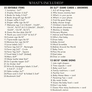 Puede incluir: Una lista de elementos editables, tarjetas de juego y letreros de juego para un baby shower. El texto incluye elementos como invitaciones, letreros, etiquetas y varias opciones de juego. El texto es negro sobre un fondo crema.