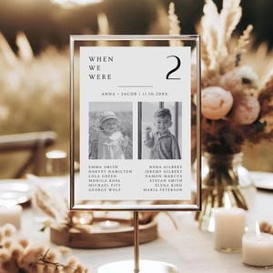 Puede incluir: Un letrero de mesa enmarcado con el texto "WHEN WE WERE" y el n&uacute;mero "2". El letrero incluye dos fotos en blanco y negro y enumera nombres debajo de cada foto. El letrero se muestra en un soporte dorado.