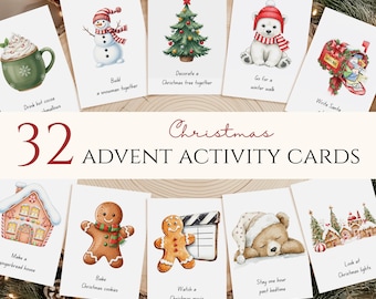 32 tarjetas imprimibles de actividades de Adviento, cuenta regresiva, lista de deseos navideña editable, rellenos para el calendario de Adviento, descarga digital.