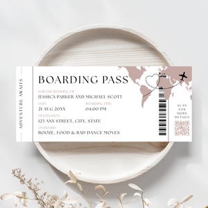 May include: A white boarding pass with the text "BOARDING PASS" and "ADVENTURE AWAITS". The pass includes details for a wedding, a world map graphic, and a QR code. The date is August 21, 20XX, and the boarding time is 4:00 PM.
