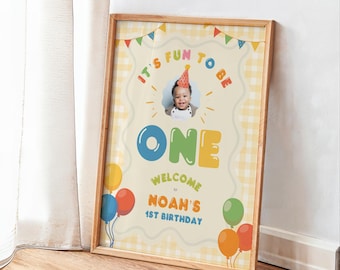 Its Fun To Be One Birthday Welcome Sign, Colorful 1st Birthday Sign, One Is Fun, Hand Drawn Gingham (Instant Download)