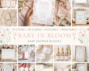 Paquete de baby shower "Bebé en Flor", decoración de baby shower con flores silvestres, paquete de juegos, primavera floral (descarga instantánea, plantilla de Canva)