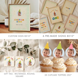 May include: A collection of party decorations featuring a baby's photo. Includes a framed 8x10" custom sign, six 8x10" pre-made signs, gift tags, and cupcake toppers. The decorations have a pastel color scheme and a festive design.