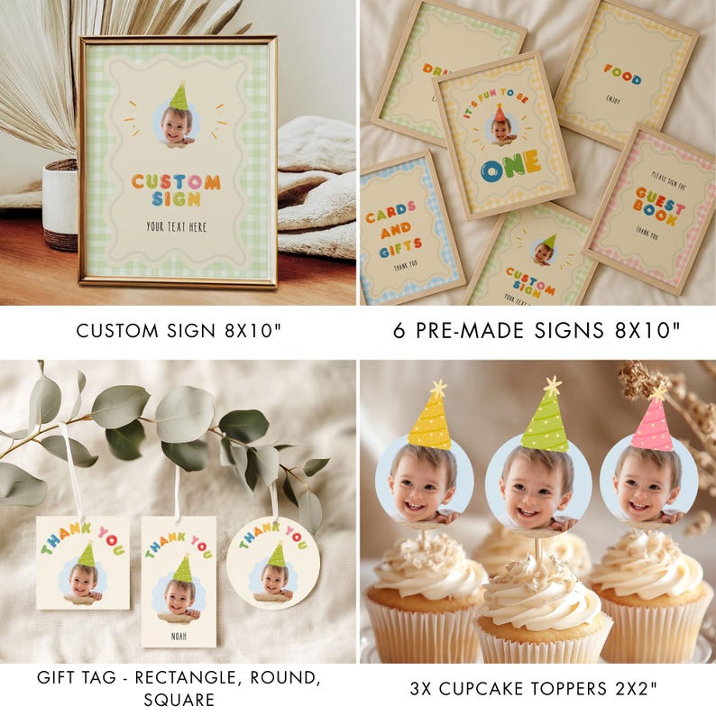 May include: A collection of party decorations featuring a baby's photo. Includes a framed 8x10" custom sign, six 8x10" pre-made signs, gift tags, and cupcake toppers. The decorations have a pastel color scheme and a festive design.