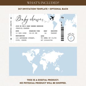 May include: A baby shower invitation designed as a boarding pass, featuring a world map and a small airplane graphic. The invitation includes details like date, time, and RSVP information. The text reads "Baby shower" in elegant script.