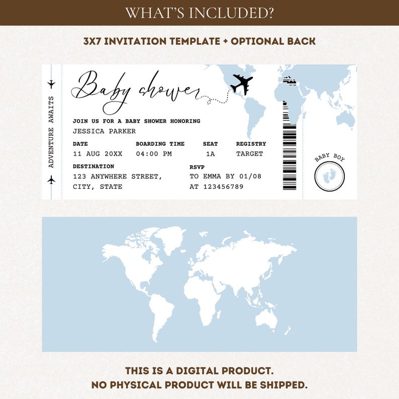 May include: A baby shower invitation designed as a boarding pass, featuring a world map and a small airplane graphic. The invitation includes details like date, time, and RSVP information. The text reads "Baby shower" in elegant script.