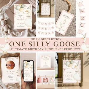 May include: A collection of party supplies with a "One Silly Goose" theme. Includes invitations, banners, tags, and signs. The color scheme is soft pink and beige with illustrations of a goose wearing a party hat. The text "Ultimate Birthday Bundle - 20 Products" is visible.