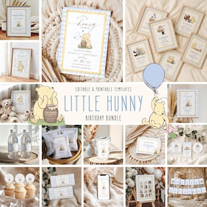 May include: A collection of Winnie the Pooh-themed birthday party decorations and stationery. Includes framed signs, invitations, cupcake toppers, water bottle labels, and candy bar wrappers. The color scheme is yellow, blue, and white, with the text "Little Hunny Birthday Bundle".