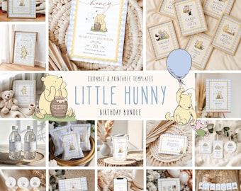 Winnie The Pooh 1st Birthday Bundle, Our Little Hunny, Boy's First Birthday, Gingham Birthday Pack (Editable Printable Canva Template)