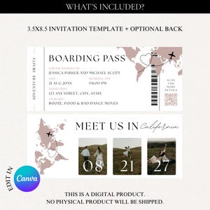 May include: A wedding invitation template designed as a boarding pass, featuring a world map and airplane graphic. The invitation includes details for Jessica Parker and Michael Scott, with a date, time, and destination. The bottom section says "Meet Us In California".