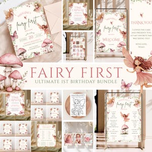 Könnte beinhalten: Eine Sammlung von Partyzubehör mit Feen-Thema, darunter Einladungen, Willkommensschilder und Aktivitätsblätter. Das Design zeigt Illustrationen von Feen, Schmetterlingen und Pilzen in sanften Rosa- und Beigetönen. Der Text "Fairy First" ist prominent dargestellt.