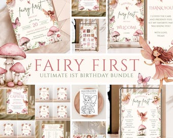 Può includere: Una collezione di articoli per feste a tema fatato, tra cui inviti, cartelli di benvenuto e fogli di attività. Il design presenta illustrazioni di fate, farfalle e funghi in morbide tonalità rosa e beige. Il testo "Fairy First" è ben visibile.