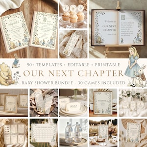 May include: A collection of printable baby shower templates featuring classic storybook illustrations of characters like Winnie the Pooh and Alice in Wonderland, including invitations, game cards, signage, and labels with floral borders and text.