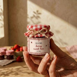 Op de afbeelding: Een klein glazen potje bessenjam met een rood-wit geruit deksel, vastgebonden met touw. Op het etiket staat "LOLA & MARK berry sweet love 11.12 20XX". De pot wordt in een hand gehouden, met andere potjes en aardbeien op de achtergrond.