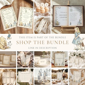 May include: A collection of baby shower stationery featuring classic storybook illustrations of Winnie the Pooh and Alice in Wonderland. The set includes invitations, cupcake toppers, a bookmark, signage, menus, place cards, and game cards with floral borders.