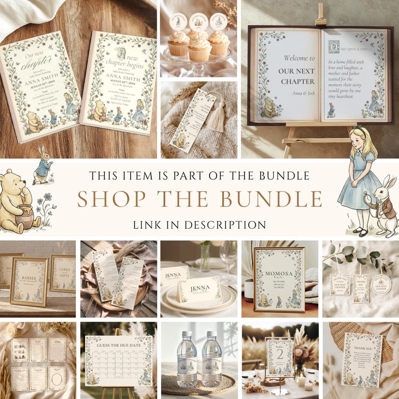 May include: A collection of baby shower stationery featuring classic storybook illustrations of Winnie the Pooh and Alice in Wonderland. The set includes invitations, cupcake toppers, a bookmark, signage, menus, place cards, and game cards with floral borders.