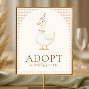 May include: A framed sign with a watercolor illustration of a white goose wearing a party hat and a pink bow. The sign reads "ADOPT a silly goose" in brown text against a cream background with a tan gingham border.