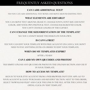 K&ouml;nnte beinhalten: Cremefarbenes Dokument mit der &Uuml;berschrift &bdquo;FREQUENTLY ASKED QUESTIONS&ldquo;. Es beantwortet Fragen zur Vorlagenbearbeitung, einschlie&szlig;lich Text hinzuf&uuml;gen, Elemente bearbeiten und Zugriff auf die Vorlage.
