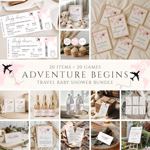 Op de afbeelding: Een verzameling reis-thema baby shower decoraties en spellen. Inclusief uitnodigingen, borden, cupcake toppers, waterfles labels en meer. Het thema is "Adventure Begins" met een roze wereldkaart en vliegtuig afbeeldingen. De bundel bevat 20 items en 20 spellen.