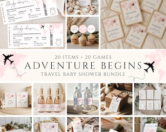 Paquete para baby shower "Aventura comienza": Viaje en avión rosa (plantilla de Canva, descarga digital)