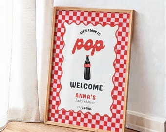 She's Ready to Pop Welcome Sign, Retro Baby Shower Sign (Canva Template, Instant Download)