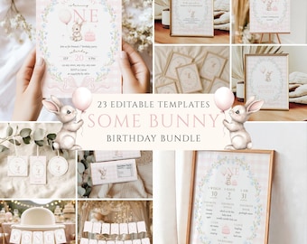 Some Bunny Is One Birthday Bundle, Editable Printable Bunny Bday Decor, Invite, Welcome Sign, Party Favors (Instant Download)