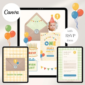 May include: Digital invitation template for a first birthday, featuring a baby's photo, balloons, and the text "It's Fun to be ONE." Includes an RSVP form and a wish list. The design has a yellow and green gingham pattern.
