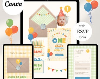 Fun to Be One 1st Birthday Website,  Kid's Face Photo Invitation, Animated Bday Invite, Yellow Gingham, Colorful Birthday (Canva Template)