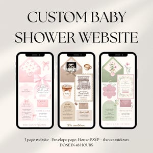 以下が含まれることがあります： ベビーシャワーのウェブサイトデザインを表示する3つのスマートフォン。画面には、招待状の詳細、RSVP情報、登録の詳細がピンクとグリーンの配色で表示されます。「Custom Baby Shower Website」と「Done in 48 Hours」というテキストが含まれています。