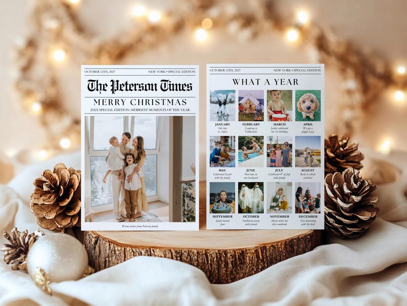 Puede incluir: Dos impresiones personalizadas estilo peri&oacute;dico. Una presenta una foto familiar con el titular "Merry Christmas". La otra muestra un a&ntilde;o de fotos, con el t&iacute;tulo "What a Year". Ambas est&aacute;n sobre una superficie de madera con pi&ntilde;as.