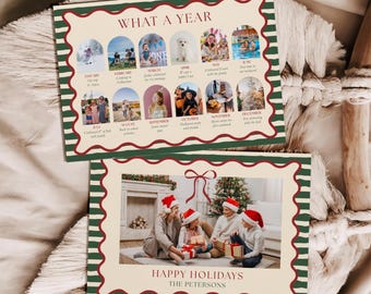 Tarjeta navideña "¡Qué año!", Lazo rojo y verde a rayas, Boletín navideño en formato horizontal, Resumen del año (Descarga instantánea, Plantilla Canva)