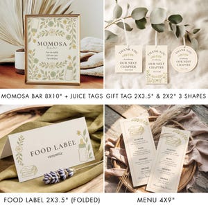 Puede incluir: Una colecci&oacute;n de art&iacute;culos de papeler&iacute;a con tem&aacute;tica bot&aacute;nica. Incluye un letrero enmarcado de "Momosa Bar", etiquetas de regalo, etiquetas de alimentos y men&uacute;s. Los dise&ntilde;os presentan ilustraciones florales y el texto "Gracias" y "Nuestro pr&oacute;ximo cap&iacute;tulo".
