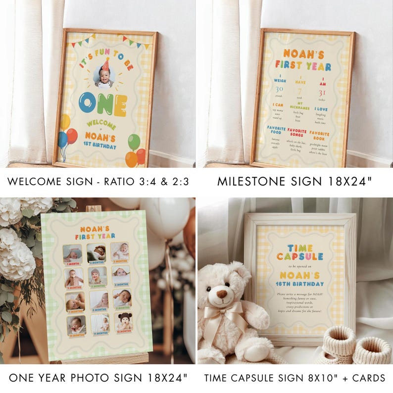 Its Fun To Be One Birthday Bundle, Colorful 1st Birthday Pack, One Is Fun, Hand Drawn Gingham (Instant Download) image 4