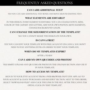 Puede incluir: Documento blanco con texto negro titulado "PREGUNTAS FRECUENTES". El documento responde preguntas sobre la edici&oacute;n de una plantilla, incluyendo la adici&oacute;n de texto, el cambio de elementos y el acceso a la plantilla. El texto est&aacute; en una fuente sans-serif.