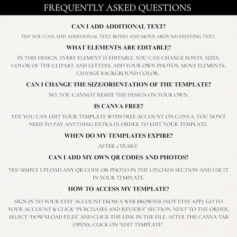Puede incluir: Documento blanco con texto negro titulado "PREGUNTAS FRECUENTES". El documento responde preguntas sobre la edici&oacute;n de una plantilla, incluyendo la adici&oacute;n de texto, el cambio de elementos y el acceso a la plantilla. El texto est&aacute; en una fuente sans-serif.