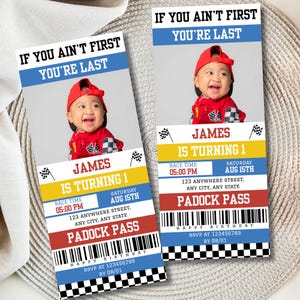 May include: Two racing-themed birthday party invitations. Each invitation features a photo of a smiling child wearing a red racing suit and cap. The text includes "If You Ain't First, You're Last," and "James is Turning 1."