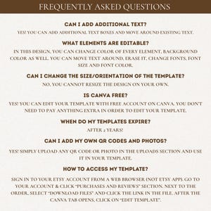 May include: A beige document with the title "FREQUENTLY ASKED QUESTIONS" in a dark brown font. The document answers questions about template editing, including adding text, changing colors, and accessing the template.