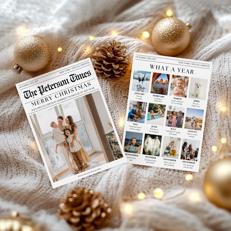 Puede incluir: Dos impresiones estilo peri&oacute;dico con fotos familiares y texto. Una dice "The Peterson Times MERRY CHRISTMAS" con una foto familiar. La otra dice "WHAT A YEAR" con fotos de cada mes. Adornos dorados y pi&ntilde;as est&aacute;n esparcidos.