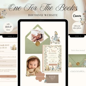 May include: A digital birthday website template featuring classic storybook illustrations of Winnie the Pooh and Alice in Wonderland. The design includes an RSVP form, a photo of a baby, and text reading One For The Books, Birthday Website.