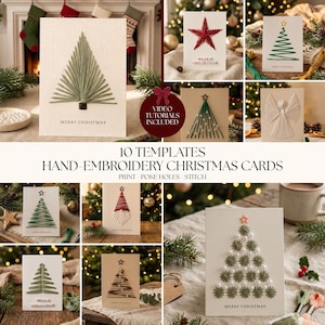 May include: A collection of ten hand-embroidery Christmas card templates featuring various stitched designs including pine trees, stars, and an angel. Each card displays the text Merry Christmas and includes instructions for printing, poking holes, and stitching.