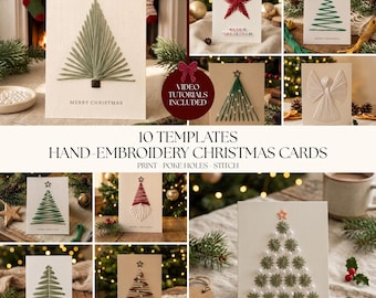 Op de afbeelding: Een collectie van tien handborduur-kerstkaarttemplates met diverse gestikte ontwerpen zoals kerstbomen, sterren en een engel. Elke kaart toont de tekst Merry Christmas en bevat instructies voor het printen, gaatjes prikken en borduren.