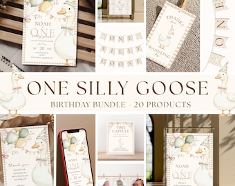 One Silly Goose 1st Birthday BUNDLE, Editable, Digital Download, 1st Birthday Girl, Beige Gingham, Unique First Birthday Pack, DIY