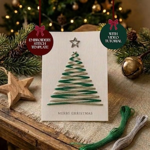 Plantilla de tarjeta de hilo con árbol de Navidad, plantilla imprimible de tarjeta navideña Stitch Christmas, patrón PDF guiado, bordado navideño fácil para hacer tú mismo