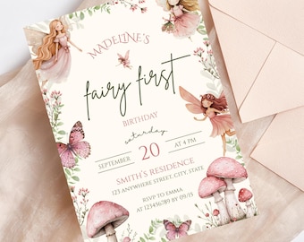 Fairy First Birthday Invitation: Enchanted Garden, Woodland Theme (Digital Invite, 5x7" Template)