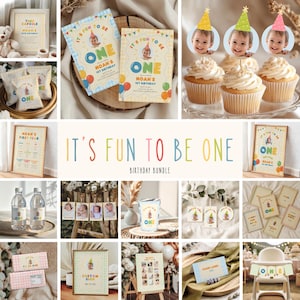 May include: A collection of birthday party decorations and supplies with the theme "It's Fun to Be One." Includes invitations, cupcake toppers, framed signs, water bottle labels, and favor bags. The color scheme is pastel with balloons and a baby's photo.